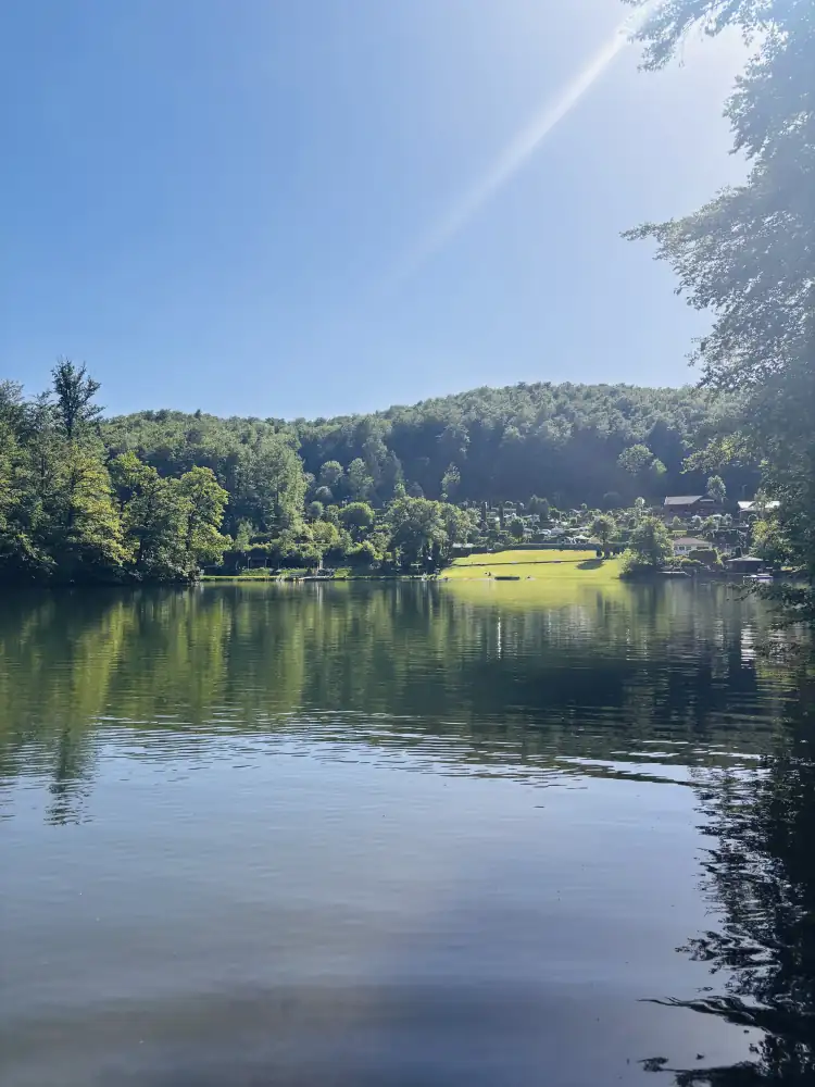 Blick über den Wiesenbeker Teich auf die Liegewiese und den bewaldeten Hang